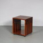m27098 1980s Larger teak inlay side table on wheels with one glass shelf Leolux, Netherlands