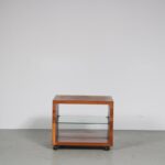 m27099 1980s Smaller teak inlay side table on wheels with one glass shelf / Leolux, Netherlands