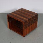 m27099 1980s Smaller teak inlay side table on wheels with one glass shelf / Leolux, Netherlands