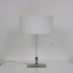 L5183 2000s Table lamp on chrome with glass base with milk glass hood, model Drum Fontana Arte, Italy