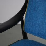 m27299 1960s Lounge chair on black painted wooden base with blue and yellow fabric cushions Italy