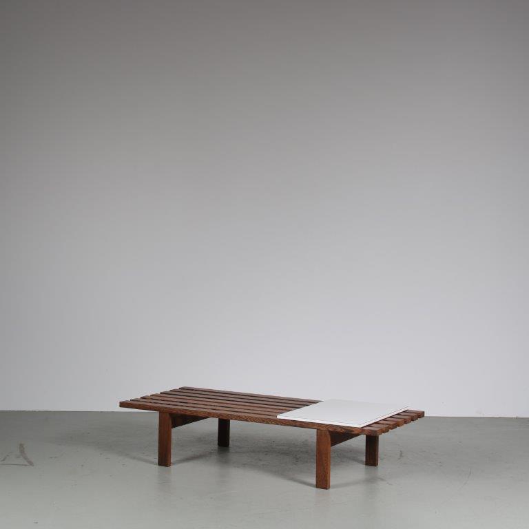 m27274 1960s Wengé museum bench with white laminated movable table top Martin Visser Spectrum, Netherlands