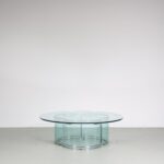 m26982 1970s Round glass coffee table with glass and chrome feet Pierangelo Gallotti Gallotti & Radice, Italy
