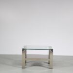 m27280 1970s Small square coffee table on chrome metal base with glass top and mirrored magazine shelf Belgo Chrom, Belgium