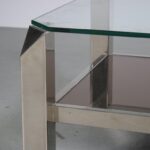 m27280 1970s Small square coffee table on chrome metal base with glass top and mirrored magazine shelf Belgo Chrom, Belgium
