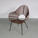 m27272 1950s Rare model rattan easy chair on black metal base Rohé, Netherlands