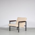 m25077 1950s easy chair on black metal base with wenge armrests and new upholstery Hein Stolle Spectrum NL