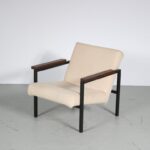 m25077 1950s easy chair on black metal base with wenge armrests and new upholstery Hein Stolle Spectrum NL