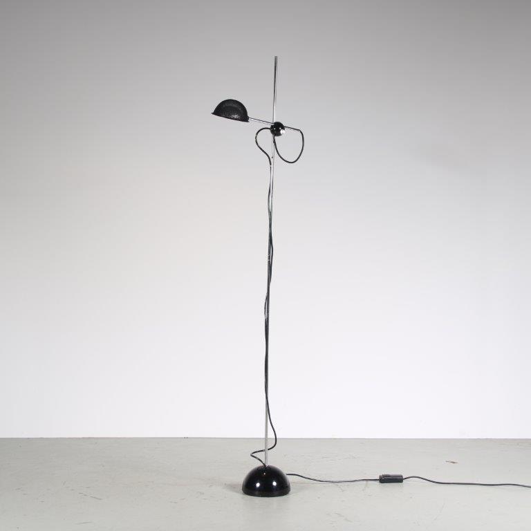 L5229 1980s Postmodern floor lamp in chrome metal with black plastic and perforated metal shade Italy