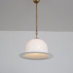 L4893 1970s Hanging lamp in brass with white murano glass hat shaped hood Murano, Italy