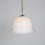 L4893 1970s Hanging lamp in brass with white murano glass hat shaped hood Murano, Italy