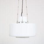 L4939 1970s White glass hanging lamp with chrome chains Herbert Proft Glashütte Limburg, Germany