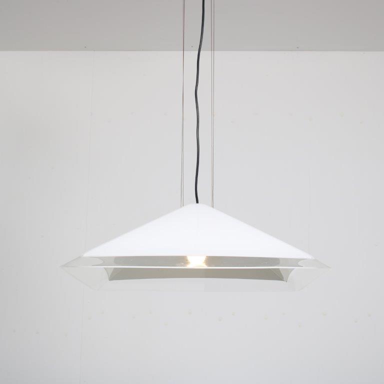 m26189 1980s Square white plexiglass hanging lamp with four threads iGuzzini, Italy