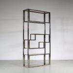 m24054 1970s Chrome with brass and smoke glass room divider cabinet in the style of Romeo Rega Italy