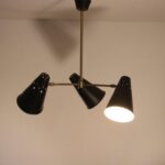 L5237 1950s Black metal with brass hanging lamp with three shades Netherlands