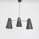 L5237 1950s Black metal with brass hanging lamp with three shades Netherlands