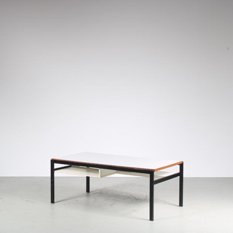 m27426 1960s Rectangular coffee table on black metal base with white wooden magazine shelves and white laminated top Cees Braakman Pastoe, Netherlands