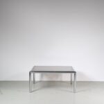 m27412 1970s Square coffee table in black metal with chrome and smoke glass top Rodney Kinsman Bieffeplast, Italy