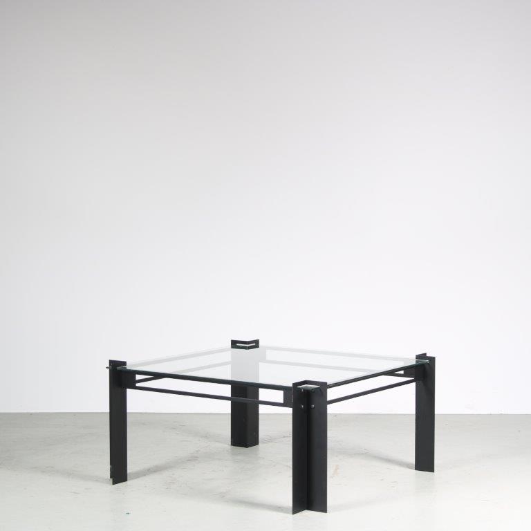 m26514 1980s Square coffee table on black metal base with glass top Netherlands