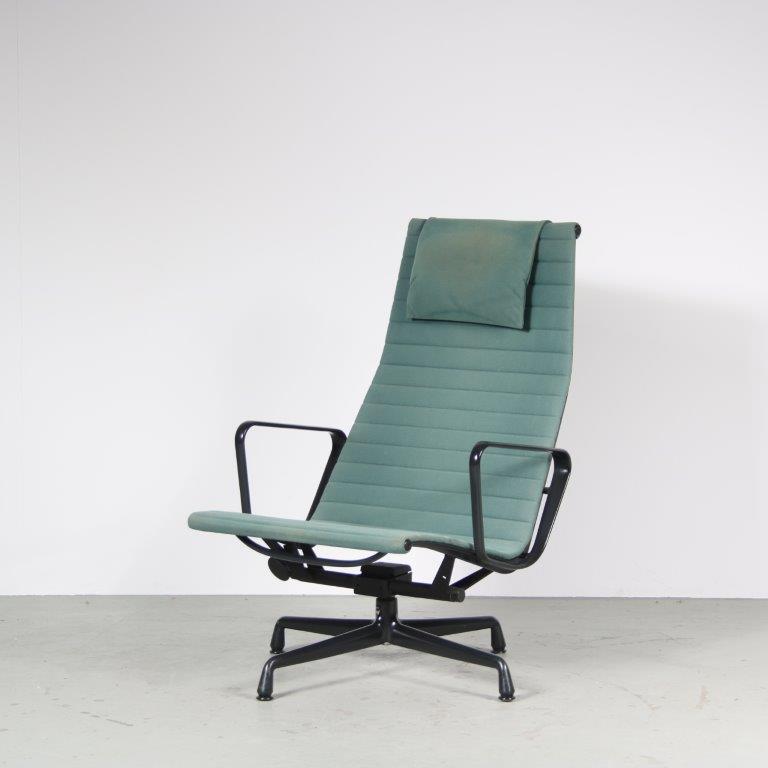 m27434 1970 Eames EA124 Chair with black aluminium frame and faded green upholstery Charles & Ray Eames Vitra, Germany