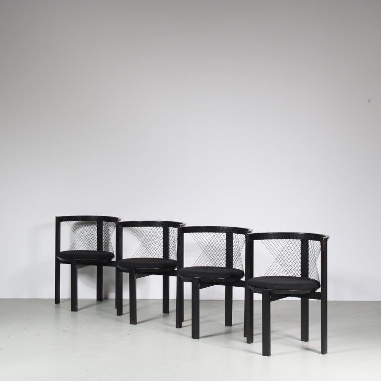 m27541 1980s Set of 4 dining chairs in black wood with fabric seat and thread back Niels Jørgen Haugesen Tranekaer Furniture, Denmark