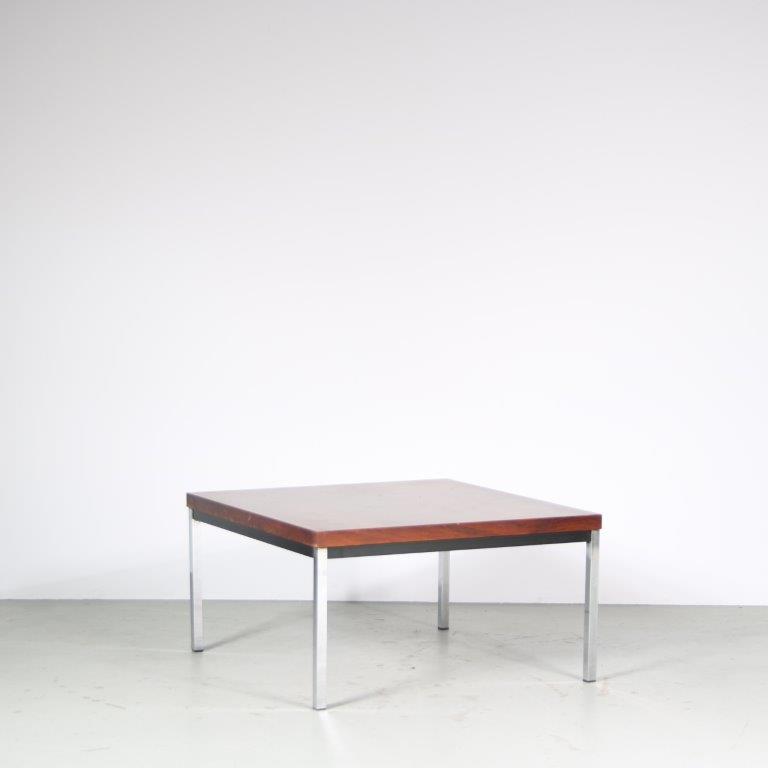 m27555 1960s Square teak coffee table on chrome with black metal base Wébé, Netherlands