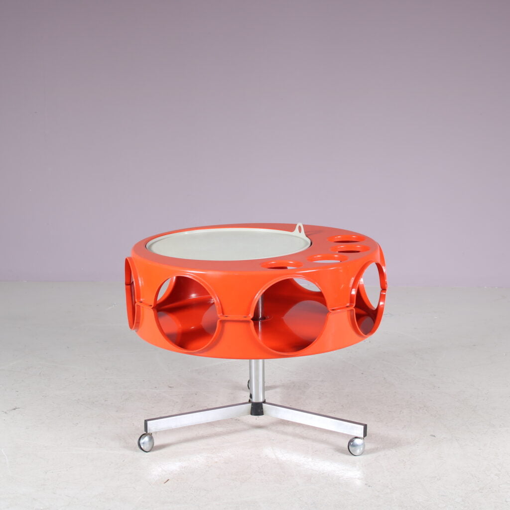 m27786 1970s Unique Rotobar trolley in orange and beige plastic on chrome metal base Curver, Netherlands