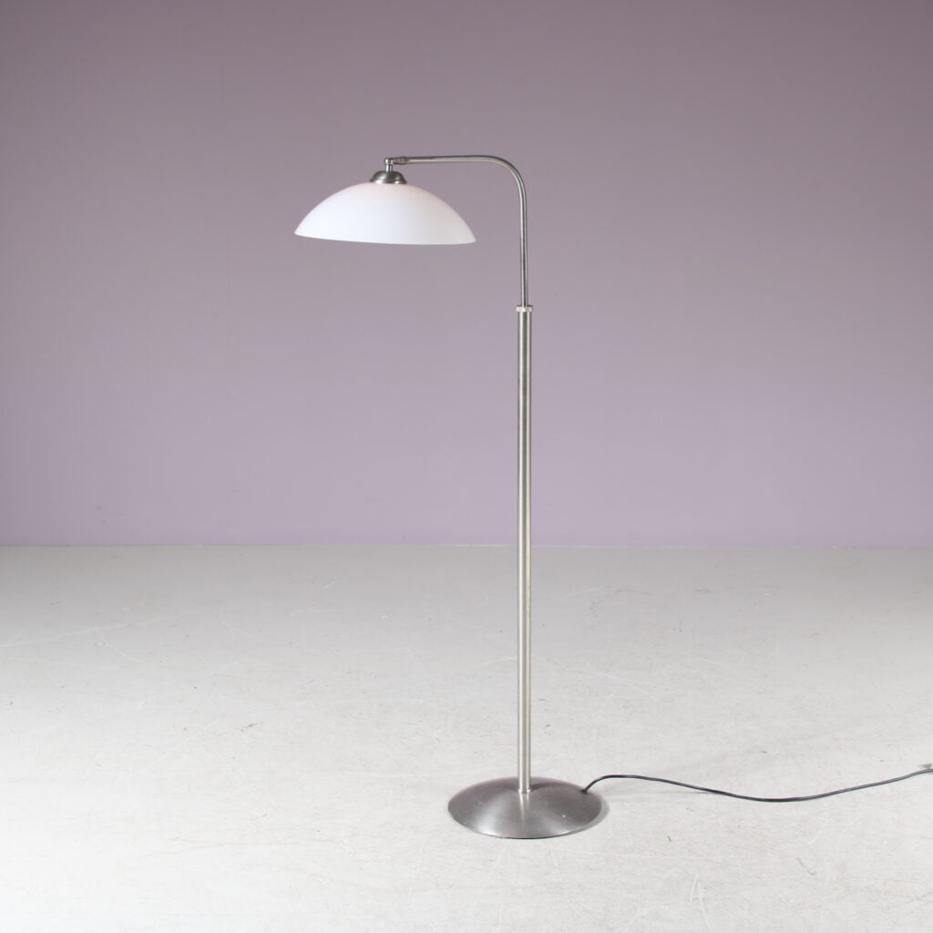 L5390 1950s Adjustable floor lamp on matte nickel base with white glass hood Giso (Gispen), Netherlands