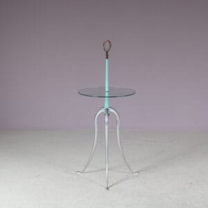 m27809 1980s Side table on aluminium base with glass top and brass detail Cidue, Italy