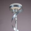 L5408 1990s Silver metal curved floor lamp with milk glass shade / M.M. Lampadari, Italy