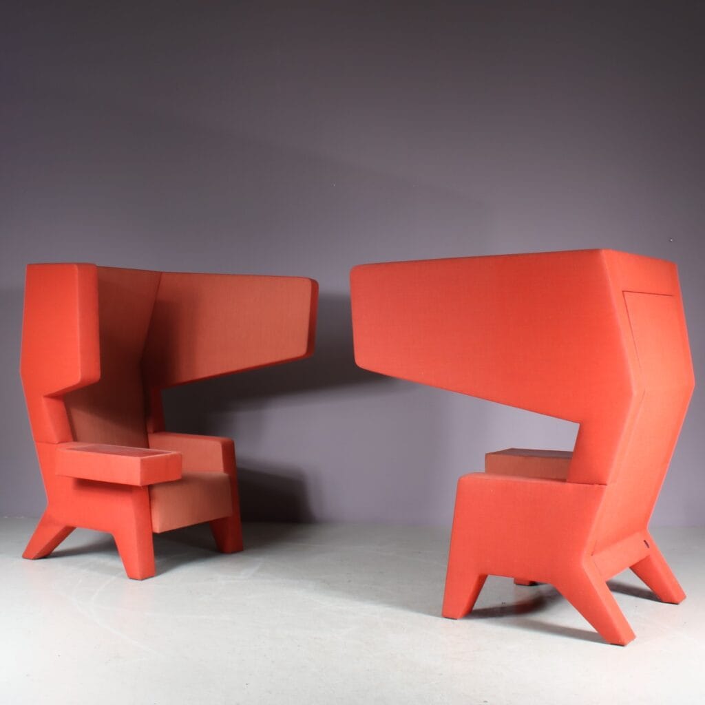 m27249 1990s Earchair in red fabric upholstered wood Jurgen Bey & Rianne Makkink Prooff, Netherlands