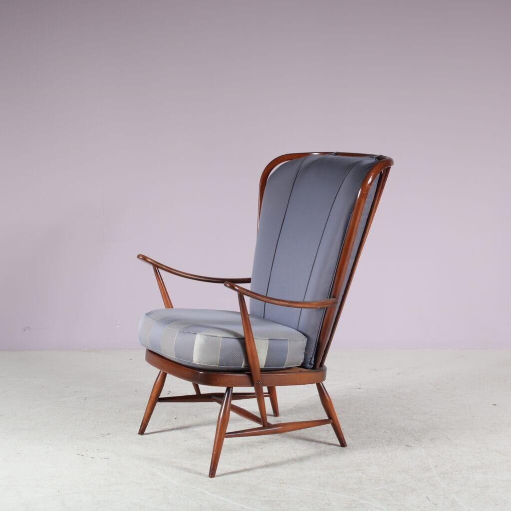 m27910 1950s Easy chair in stained beech with purple fabric Luigi Ercolani Ercol, UK