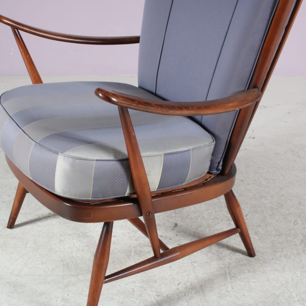 m27910 1950s Easy chair in stained beech with purple fabric Luigi Ercolani Ercol, UK