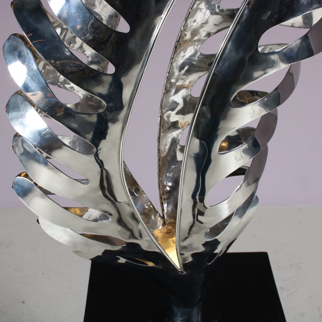 L3879 1980s Chrome Metal Sculpture with Light, Netherlands