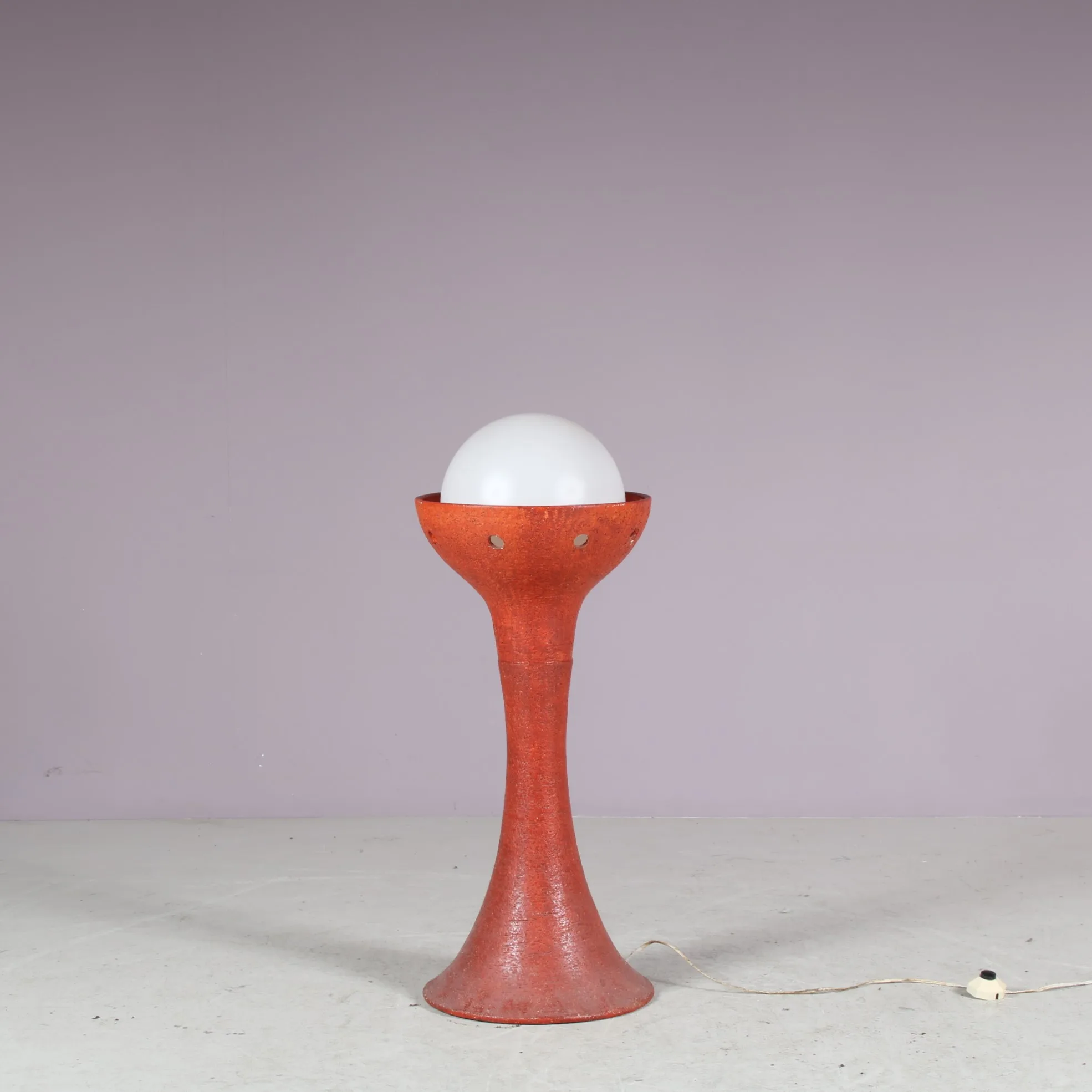 L5413 1970s Red ceramics floor lamp with round milk glass ball shade / Doria Leuchten, Germany