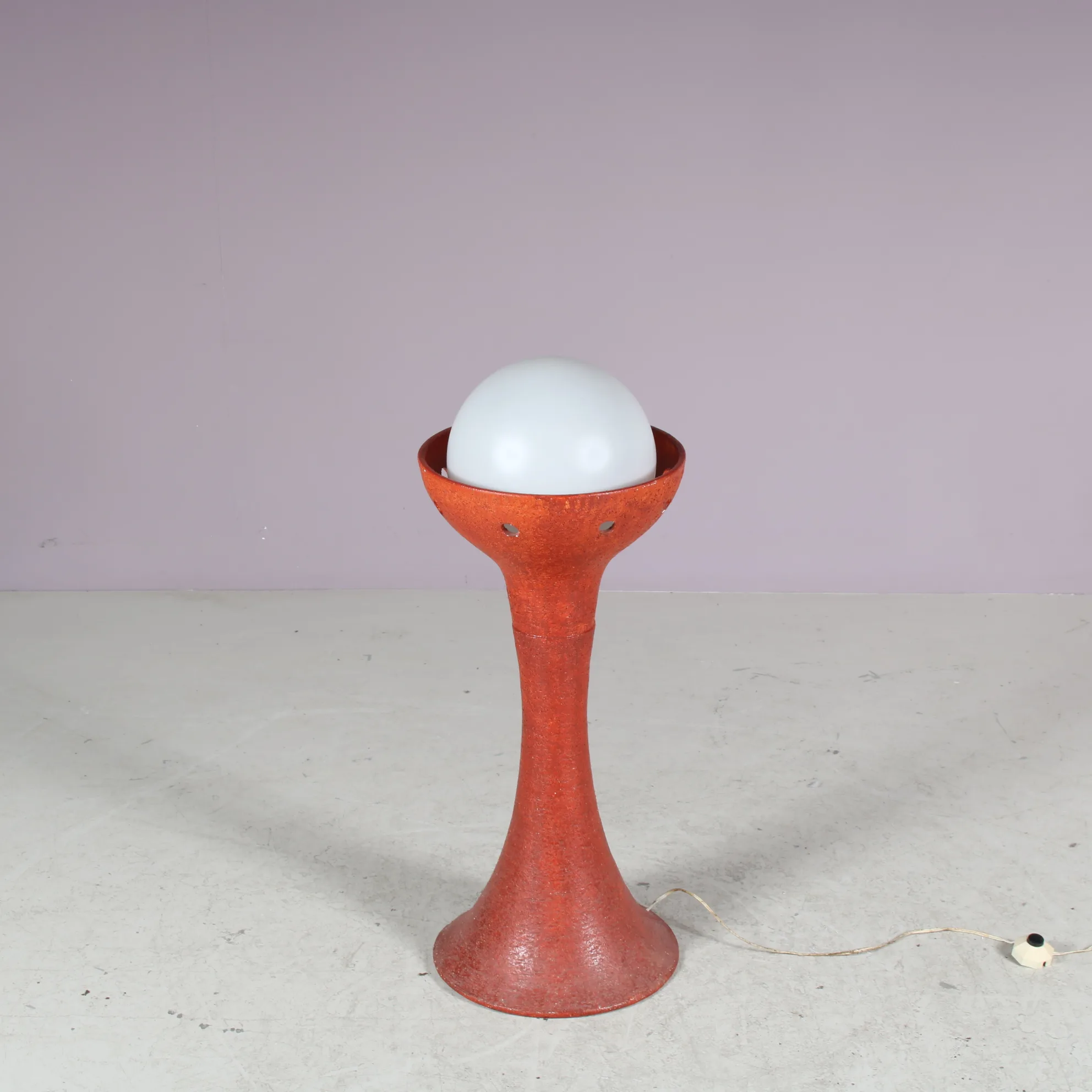 L5413 1970s Red ceramics floor lamp with round milk glass ball shade / Doria Leuchten, Germany