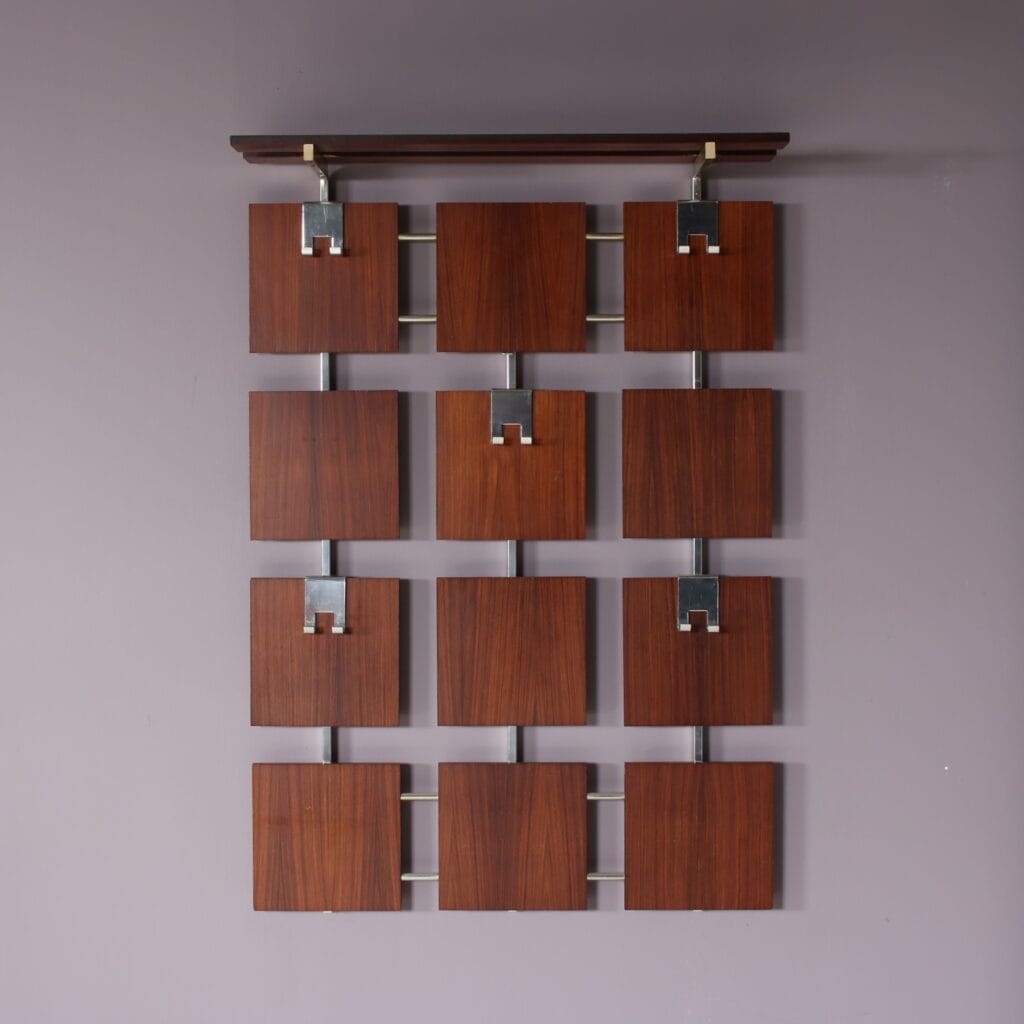 INC208 1950s Coat rack in teak wood with chrome hangers, Netherlands