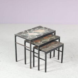 m26629 1960s Set of 3 nesting tables on black metal base with stone pieces in top Netherlands