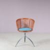 m27983 1990s Young Lady Chair in chrome metal with stained ash wood, webbing and blue fabric cushion Paolo Rizzatto Alias, Italy