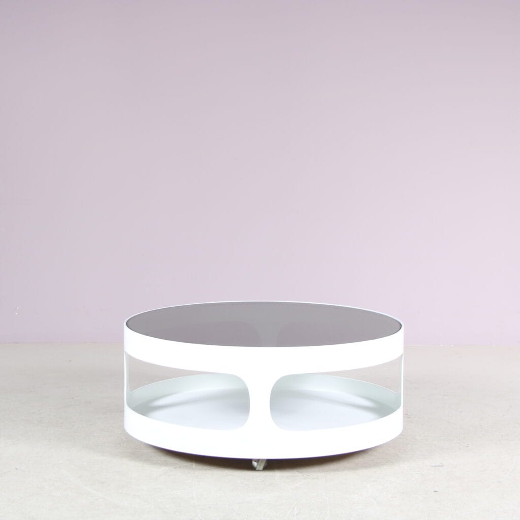 2506 2 (34) m28018 1970s Round white plastic space age coffee table with smoke glass top Erik van Buijtenen Nebu, Netherlands