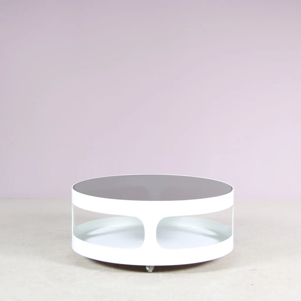 2506 2 (34) m28018 1970s Round white plastic space age coffee table with smoke glass top Erik van Buijtenen Nebu, Netherlands