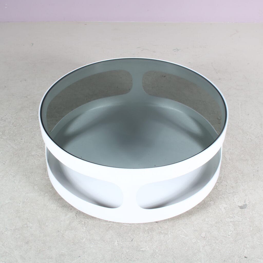 2506 2 (34) m28018 1970s Round white plastic space age coffee table with smoke glass top Erik van Buijtenen Nebu, Netherlands