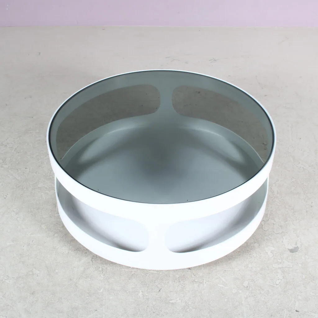 2506 2 (34) m28018 1970s Round white plastic space age coffee table with smoke glass top Erik van Buijtenen Nebu, Netherlands