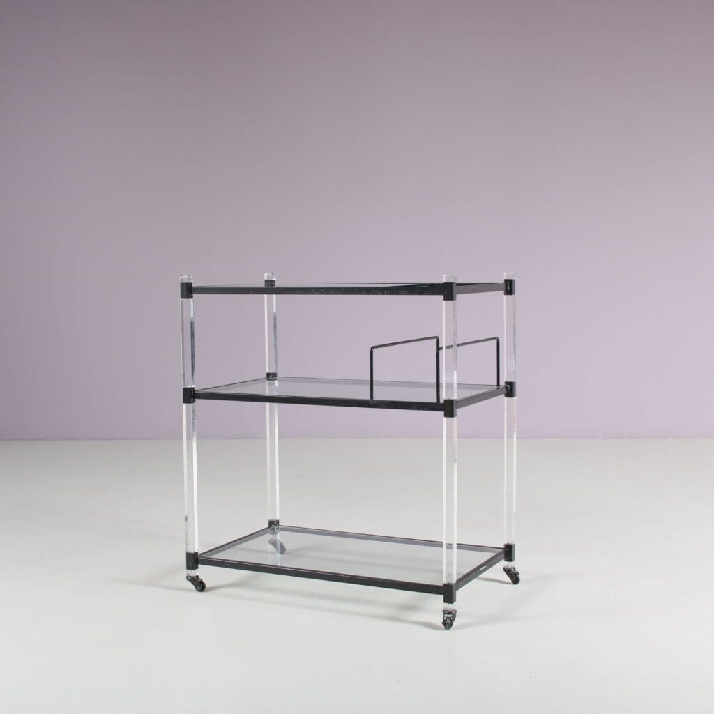m27979 1960s Trolley in black metal with lucite frame and glass tops Germany
