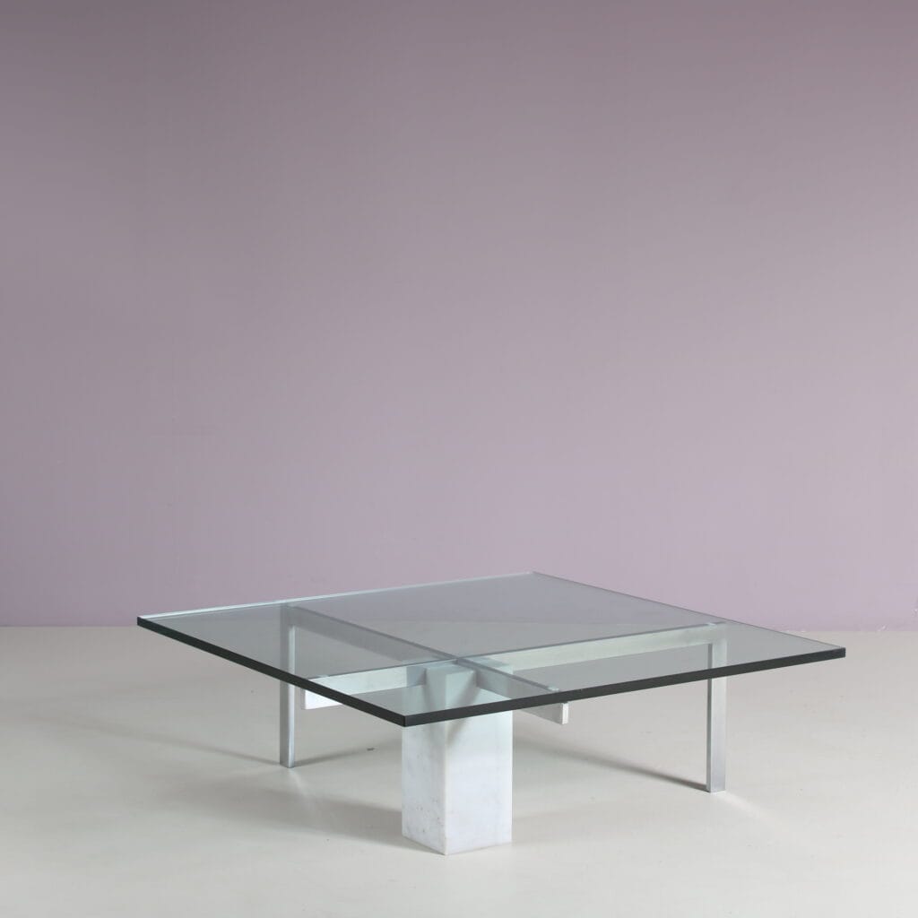 m27834 1980s Coffee table KW1 in marble and chrome with glass top Hank Kwint Metaform, Netherlands
