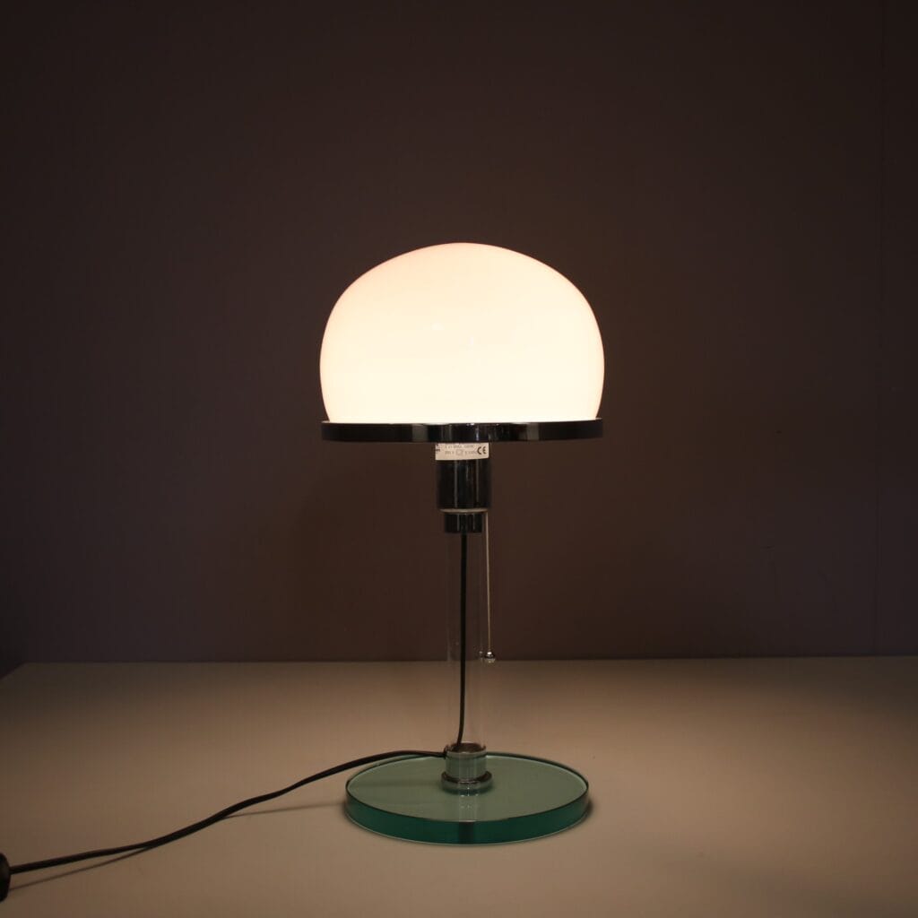 L5470 1990s Bauhaus style table lamp in chrome with glass base and milk glass hood Metalarte, Spain