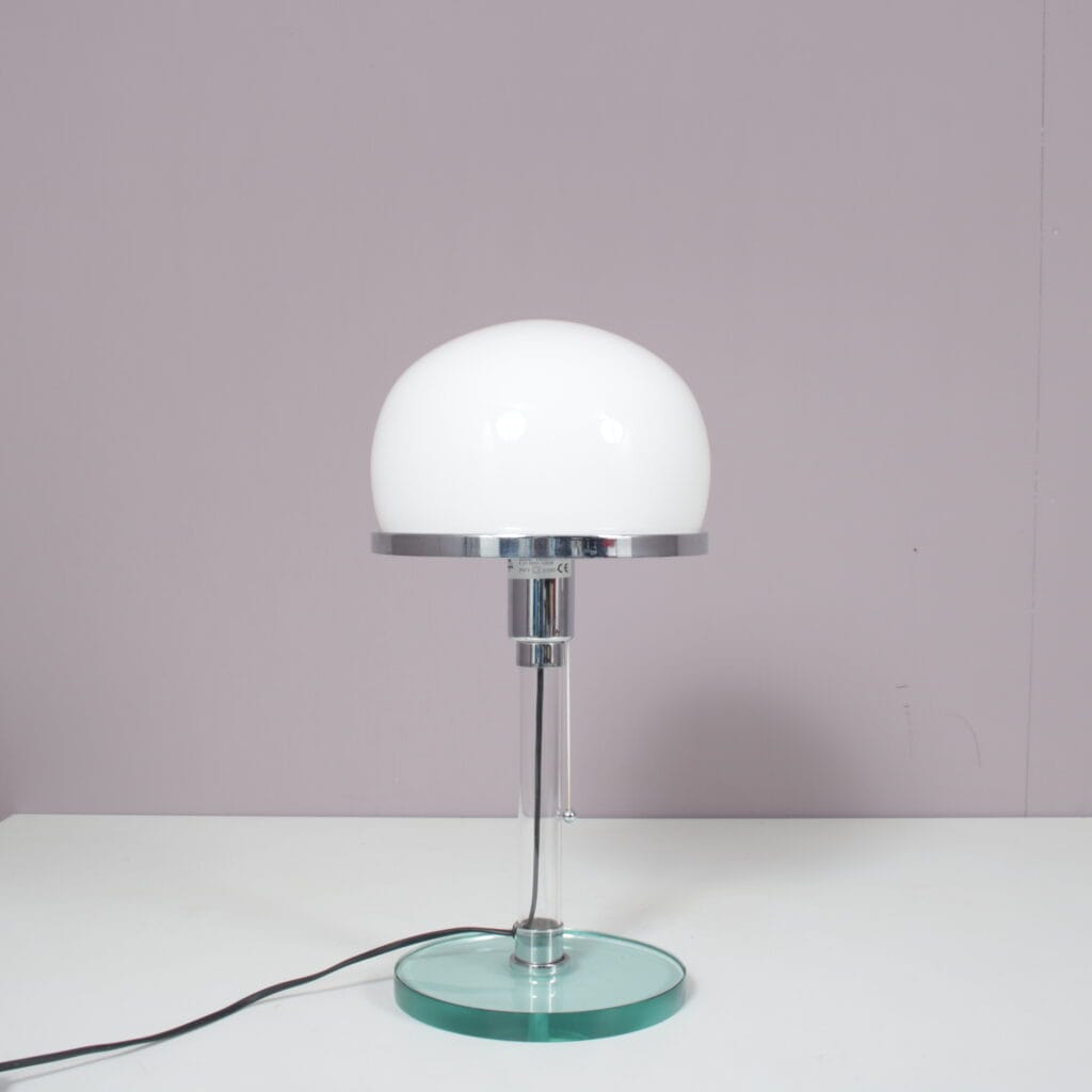L5470 1990s Bauhaus style table lamp in chrome with glass base and milk glass hood Metalarte, Spain