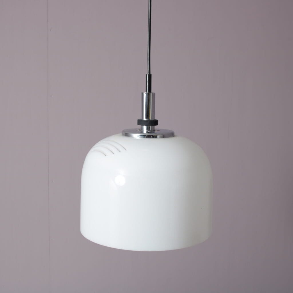 L5376 1970s White perspex hanging lamp with chrome details Raak, Netherlands