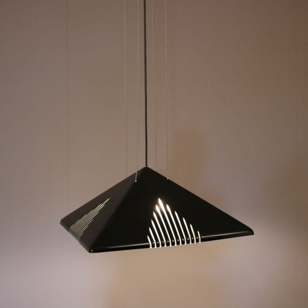 L5305 1980s Black perspex hanging lamp with four chrome metal chains Italy