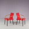 m28106-m28092 1980s Mandarin chair in black metal with red fabric and wooden armrests Ettore Sottsass Knoll International, USA
